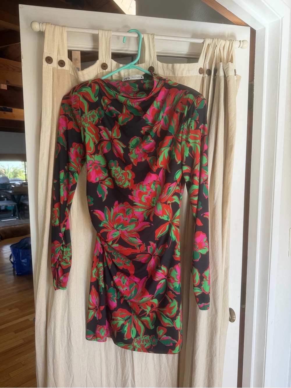 Zara Black Long-Sleeve Mini Dress with Pink & Green Floral Print Shoulder Pads